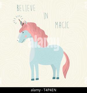 Carino unicorn con la scritta credono nella magia. I bambini la stampa su una t-shirt. Personaggio dei fumetti illustrazione vettoriale Illustrazione Vettoriale