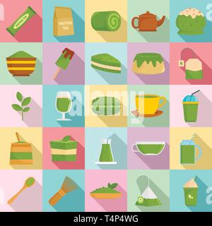 Matcha tè set di icone. Set piatto di matcha tè icone vettoriali per il web design Illustrazione Vettoriale