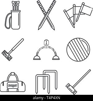 Attrezzature per croquet set di icone. Set di contorno di croquet attrezzature icone vettoriali per il web design isolato su sfondo bianco Illustrazione Vettoriale