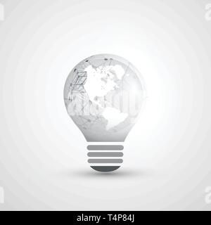 Abstract elettricità, il Cloud Computing e digitale a livello globale le connessioni di rete Concept design con globo terrestre all'interno di un bulbo di luce maglia trasparente Illustrazione Vettoriale
