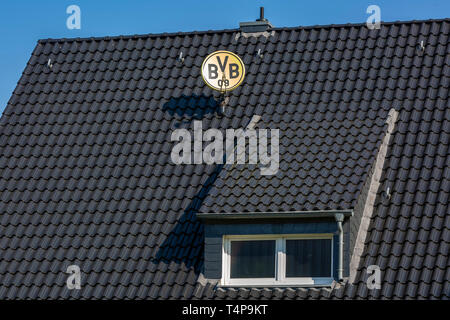 Immagine simbolica, antenna parabolica nei colori del club e con il club emblema del club calcistico tedesco BVB 09 Borussia Dortmund su una casa tetto, antenna televisiva tv satellitare, sport, calcio, Bundesliga, football mania, club loyalty, tegole Foto Stock