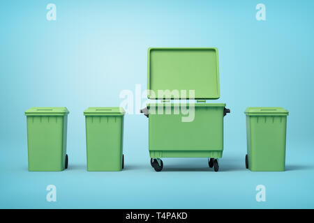 3D rendering di quattro green trash lattine in piedi in fila su di luce sullo sfondo blu, tre piccoli barattoli chiusi e una grande può aprire. Foto Stock