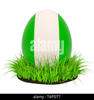 Uovo di Pasqua con la bandiera della Nigeria nel verde erba, 3D rendering isolati su sfondo bianco Foto Stock