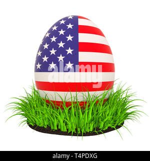 Uovo di Pasqua con la bandiera degli Stati Uniti d'America nell'erba verde, rendering 3D isolati su sfondo bianco Foto Stock