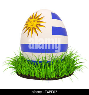 Uovo di Pasqua con la bandiera dell' Uruguay in erba verde, rendering 3D isolati su sfondo bianco Foto Stock