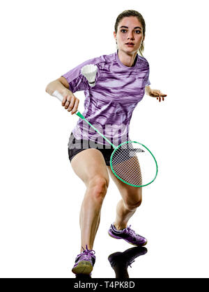 Un caucasian adolescente Ragazza donna giocando Badminton player isolati su sfondo bianco Foto Stock