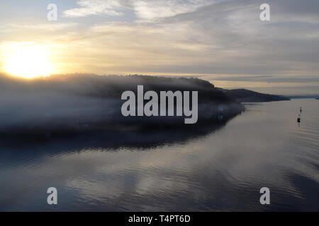 Sunrise e nebbia nel fiordo su un inizio di mattina. Foto scattata appena fuori Oslo, Norvegia Foto Stock