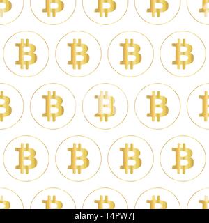 Bitcoin icona vettore seamless pattern. Metallizzate oro lamina crypto simboli di valuta su sfondo bianco. Illustrazione Vettoriale