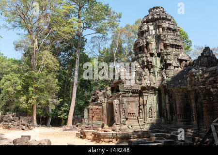 Grandi scolpiti volto umano sulla torre ad ingresso a Ta Som tempio di Angkor Wat parco archeologico, Cambogia Foto Stock