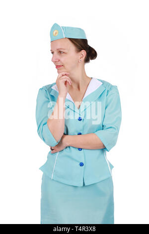 Stewardesse - Charming e sorridenti hostess che indossa in uniforme blu. Isolato su sfondo bianco Foto Stock