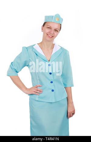 Stewardesse - Charming e sorridenti hostess che indossa in uniforme blu. Isolato su sfondo bianco Foto Stock