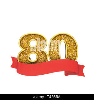 Numero 80 oro glitter celebrazione con un rosso Scorrere banner. 3D Render Foto Stock