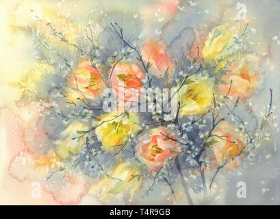 Giallo e arancio tulipani con fiore di ciliegio rami acquerello sfondo. Fioritura di primavera Foto Stock