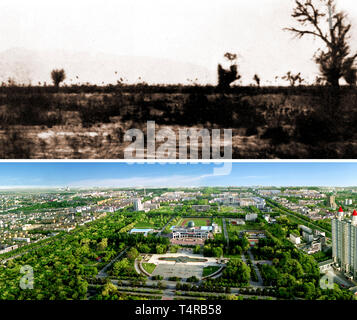 (190418) -- URUMQI, Aprile 18, 2019 (Xinhua) -- COMBINAZIONE mostra fotografica di un documento non datato foto di Shehezi (sopra) prima esplorato, a nord-ovest della Cina di Xinjiang Uygur Regione Autonoma negli anni cinquanta forniti dal museo di Xinjiang produzione e costruzione Corps bonifica dell'esercito, e l'estate vista Shehezi negli anni recenti forniti dal Xinjiang produzione e costruzione Corps. Shihezi, circa 150 chilometri a nord-ovest di Urumqi, è una città giovane che era stato istituito negli anni cinquanta nel deserto del Gobi dello Xinjiang. Grazie a diverse generazioni degli sforzi del popolo di Xinjiang e il prodotto di Xinjiang Foto Stock