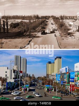 (190418) -- URUMQI, Aprile 18, 2019 (Xinhua) -- COMBINAZIONE mostra fotografica di un documento non datato la foto di una strada di Xincheng sub-distretto (sopra) in Shehezi, a nord-ovest della Cina di Xinjiang Uygur Regione Autonoma negli anni cinquanta forniti dal museo di Xinjiang produzione e costruzione Corps bonifica dell esercito e la vista della stessa strada intrapresa da Wangfei il 9 aprile 2019. Shihezi, circa 150 chilometri a nord-ovest di Urumqi, è una città giovane che era stato istituito negli anni cinquanta nel deserto del Gobi dello Xinjiang. Grazie a diverse generazioni degli sforzi del popolo di Xinjiang e la produzione di Xinjiang e costruzione C Foto Stock