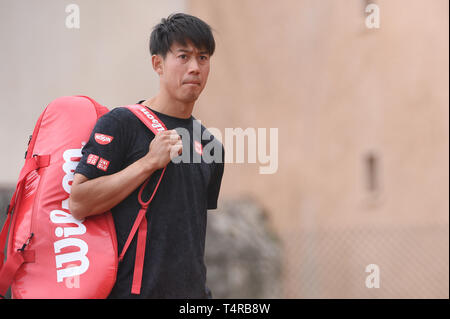 Roquebrune Cap Martin, Francia. Xvi Apr, 2019. Kei Nishikori (JPN) Tennis : sessione di pratica durante il Monte Carlo Masters di Monte Carlo Country Club di Roquebrune Cap Martin, Francia . Credito: Itaru Chiba/AFLO/Alamy Live News Foto Stock