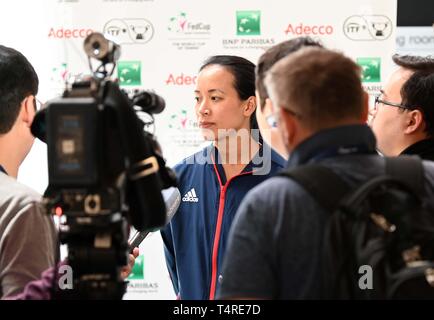 Stratford, Londra, Regno Unito. 18 apr 2019. Anne Keithavong (capitano della Gran Bretagna team). Gran Bretagna Capitani conferenza stampa in vista del Mondiale II gruppo play off in BNP Paribas Fed Cup. Lee Valley hockey e il centro tennis. Queen Elizabeth Olympic Park. Stratford. Londra. Regno Unito. 18/04/2019. Credito: Sport In immagini/Alamy Live News Foto Stock