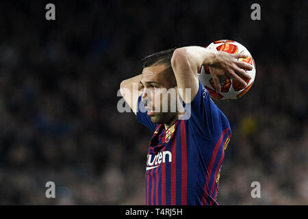 Barcellona, 16-04-2019. UEFA Champions League 2018/ 2019, 1/4. Barcelona-Manchester uniti. Jordi Alba di Barcellona durante il gioco Barcelona-Manchester Regno Foto Stock