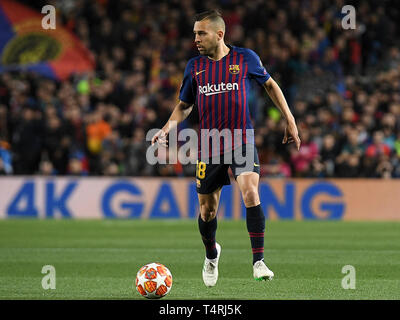 Barcellona, 16-04-2019. UEFA Champions League 2018/ 2019, 1/4. Barcelona-Manchester uniti. Jordi Alba di Barcellona durante il gioco Barcelona-Manchester Regno Foto Stock