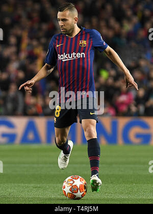 Barcellona, 16-04-2019. UEFA Champions League 2018/ 2019, 1/4. Barcelona-Manchester uniti. Jordi Alba di Barcellona durante il gioco Barcelona-Manchester Regno Foto Stock