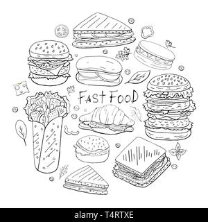 Insieme di diversi fast food elementi in forma di cerchio su sfondo bianco. Cucina di strada raccolta in bianco e nero. Foto Stock