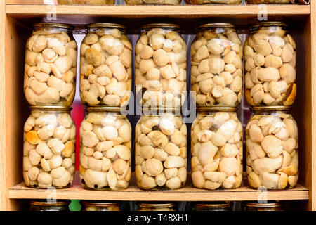 Deliziosa deliziosa bianco di funghi marinati in vasetti di vetro sui ripiani. 2019 Foto Stock