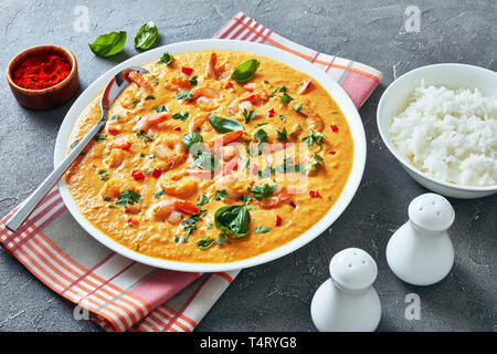 Gamberi in salsa di cocco mescolato con verdure in una terrina servita con riso, su una tavola di cemento, camarao no Leite de coco, ricetta brasiliana, visualizzare fro Foto Stock