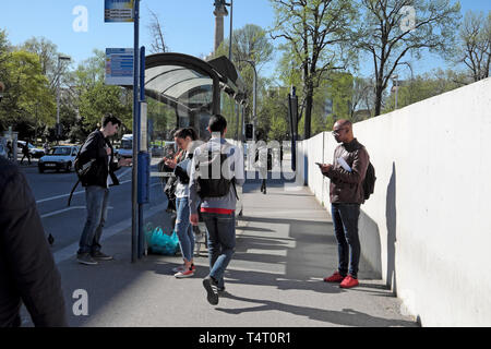 Persone scrivere messaggi su telefoni cellulari in attesa sulla strada per il trasporto in autobus shelter in primavera nella città di Porto Portogallo Europa KATHY DEWITT Foto Stock