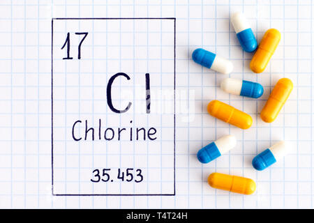 La grafia elemento chimico cloro Cl con alcune pillole. Close-up. Foto Stock