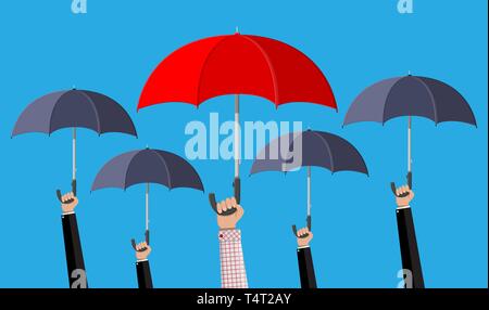 Uomo con ombrello rosso in mezzo alla folla con il grigio ombrelloni. La diversità umana, unicità e individualità. Concetto di differenza. Illustrazione Vettoriale in f Illustrazione Vettoriale