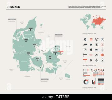 Mappa vettoriale della Danimarca. Alta dettagliata mappa del paese con la divisione, la città e la capitale Copenhagen. Mappa politico, mappa del mondo, elementi infografico. Illustrazione Vettoriale