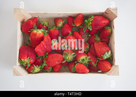 Vista dall'alto di un cestino di legno con fragole rosse fresche su un tavolo bianco alla luce naturale Foto Stock