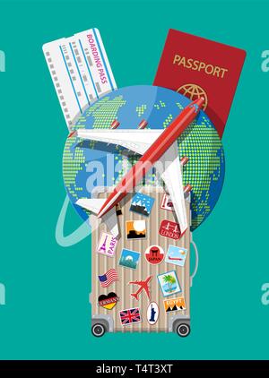 Valigetta da viaggio con figurine dei countrys e piazzali in tutto il mondo. Globo con le destinazioni di viaggio, aereo. Passaporto e carta di imbarco. Vacanza Illustrazione Vettoriale