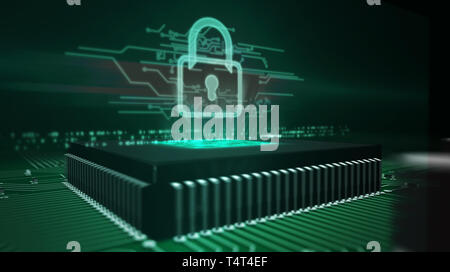 Cyber security concetto con ologramma lucchetto sulla CPU di lavoro in background. Avveniristico circuito stampato. La protezione digitale, il cyberspazio, firewall e co Foto Stock