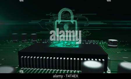 Cyber security concetto con ologramma lucchetto sulla CPU di lavoro in background. Avveniristico circuito stampato. La protezione digitale, il cyberspazio, firewall e co Foto Stock