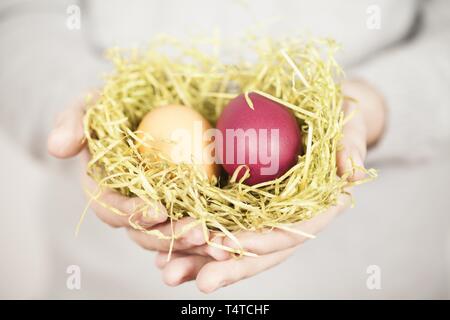 Mani tenendo la Pasqua cesto con due uova Foto Stock