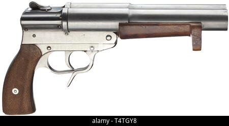 Un segnale flare pistola Walther mod. SLd, codice 'ac 43', U-boat arma, cal. 4 (26.65 mm), n. 3605. I numeri corrispondenti. Fori luminosi, lunghezza 230 mm. Lunghezza totale 345 mm. Navy segni di accettazione: Eagle/HK/'M/III/3'. Selettore di fuoco contrassegnato '1' e 'r' per single shot con fuoco a sinistra o a destra di canna e 'Doppelschuss' per la cottura di ambedue le canne allo stesso tempo. Tutte le parti realizzate da matt-lucidare Nirosta acciaio di qualità superiore. Noce avambraccio e pannelli di presa. Ancora parzialmente in grasso originale. Voce Collectorïs, non è stato in azione, quasi in perfette condizioni. Inutilizzato, Additional-Rights-Clearance-Info-Not-Available Foto Stock