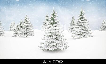 Natale paesaggio invernale dello sfondo. La caduta di neve e neve coperto da alberi di pino Foto Stock