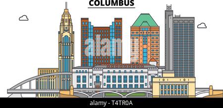 Columbus , Stati Uniti, contorno sullo skyline di viaggio illustrazione vettoriale. Illustrazione Vettoriale