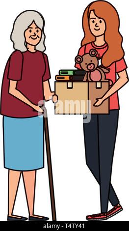 Donna volontario dando una vecchia donna donazioni box Illustrazione Vettoriale