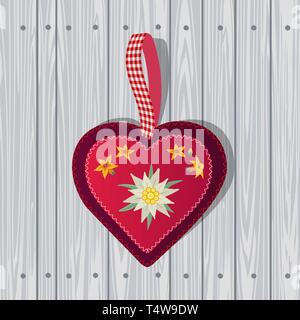 Edelweiss disegnato a mano in cuore rosso su sfondo di legno. Illustrazione Vettoriale
