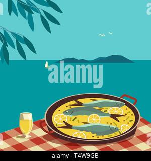 Piatto piatto di pesce a colori vettoriali disegnato a mano. Illustrazione Vettoriale