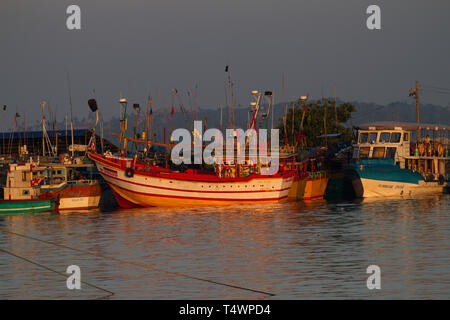 Barche da pesca in porto. Marissa, Sri Lanka. La mattina presto la luce. Aprile 2019 Foto Stock