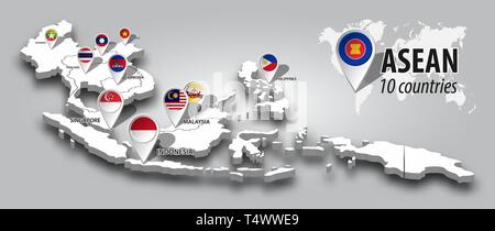 L'ASEAN e l'appartenenza bandiera sulla mappa 3D in Asia del sud-est vista prospettica e GPS Navigator perno sul grigio colore gradiente dello sfondo . Vector . Illustrazione Vettoriale