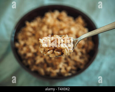 Il farro bollito in cucchiaio e non focalizzato nel recipiente. Il farro cotto semi in fuoco selettivo. Spazio di copia Foto Stock