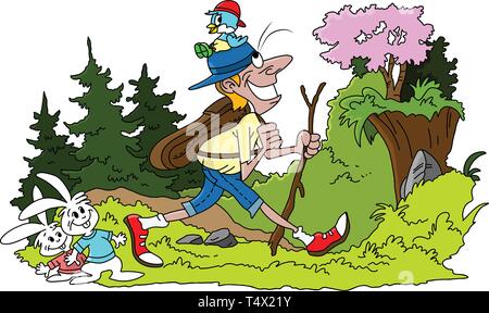 Cartoon uomo trekking nella foresta illustrazione vettoriale Illustrazione Vettoriale