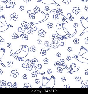 Modello senza cuciture con rami sakura, uccelli. In Giappone la natura. Rami di fiori di ciliegio. Design per scheda, annuncio, pubblicità, banner o stampare Illustrazione Vettoriale