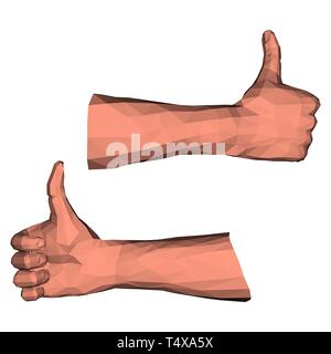 Thumbs up gesto bassa poli illustrazione poligonale con geometria 3d per creativi grafica della carta Foto Stock