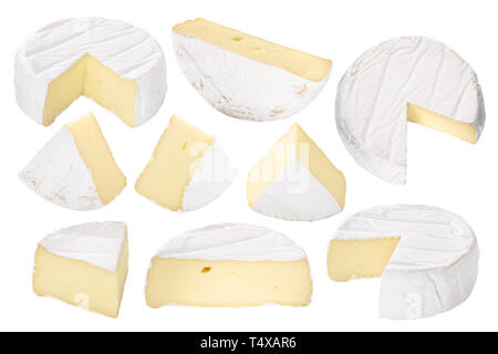 O Camembert Brie soft-formaggio stagionato con muffa bianca, pezzi, ruote, metà Foto Stock