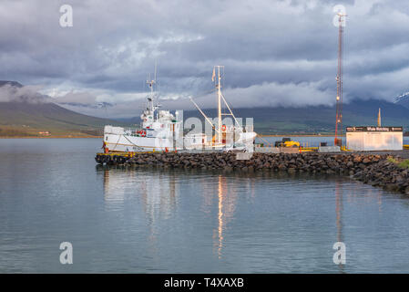 Huni II di imbarcazioni da diporto in Akureyri, la capitale del Nord Islanda Foto Stock